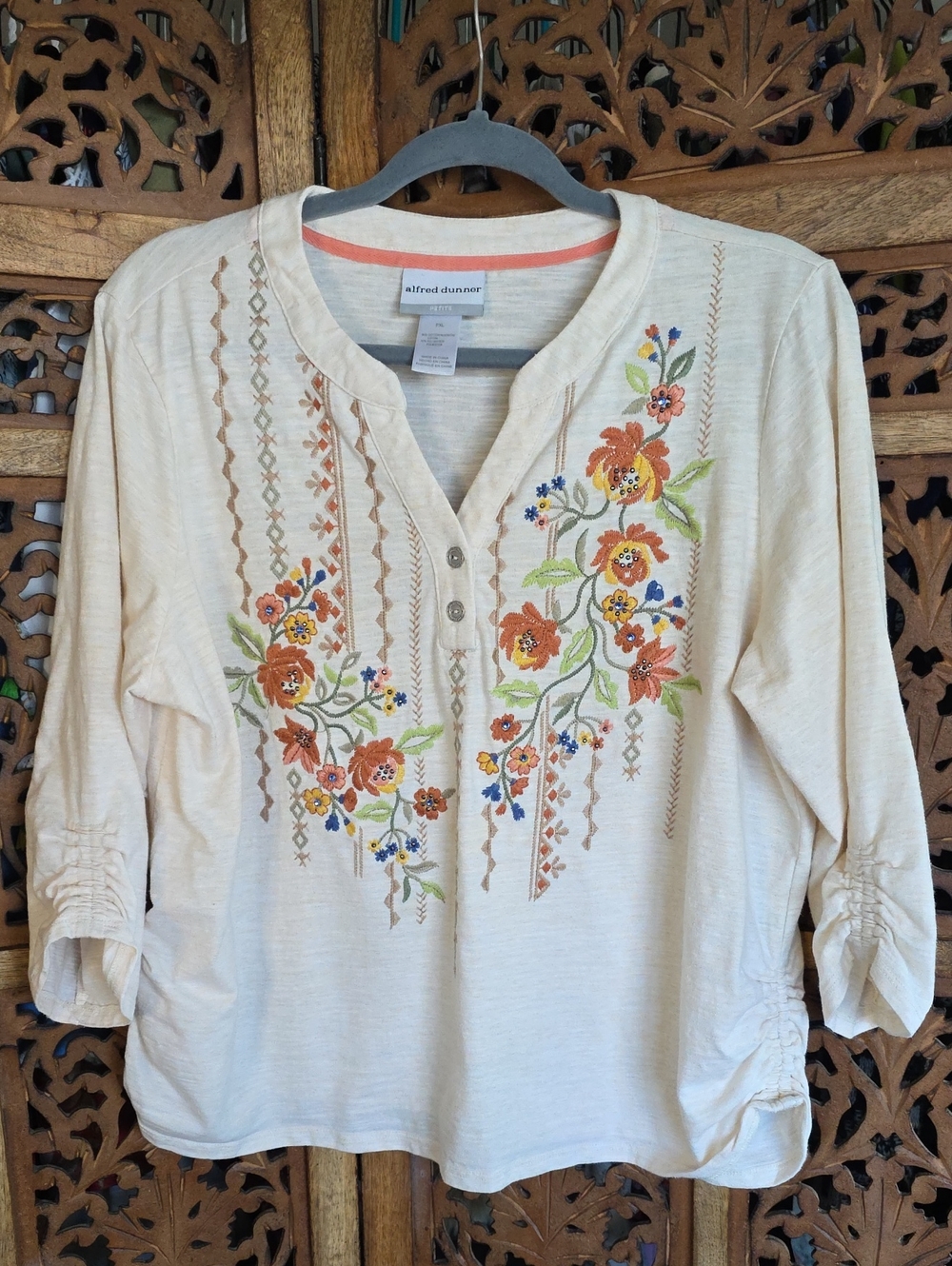 Alfred Dunner Cream Long-Sleeve Embroidered Floral Henley